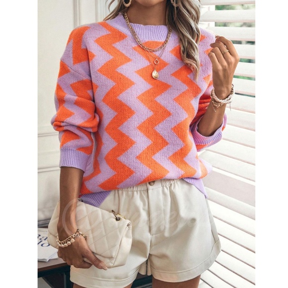 Chevron Pattern Lavender & Orange Pullover Sweater Long Sleeve - Picture 6 of 12
